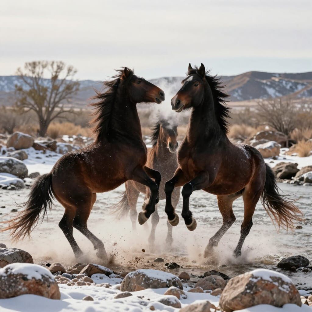 Wild Arizona Horses Play in Snowy Desert Riverbed