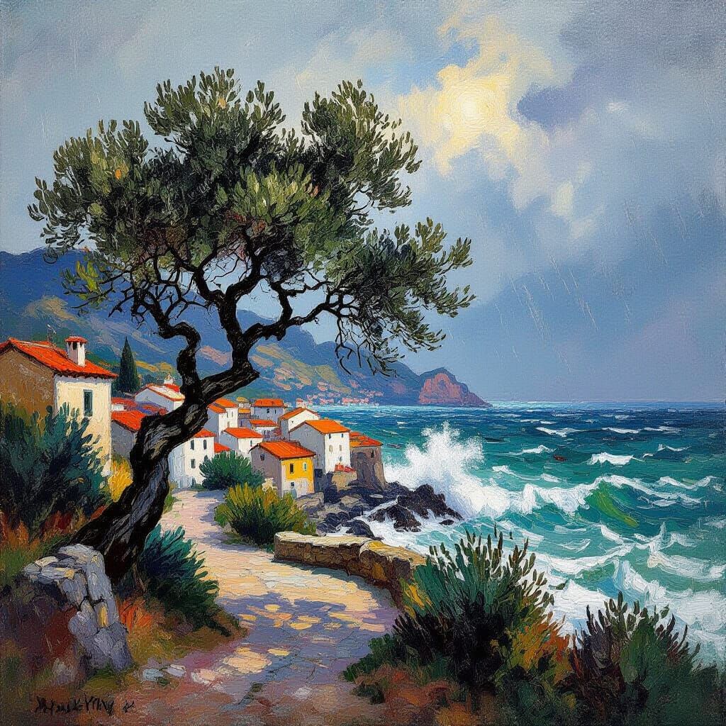 Stormy Seaside Village Impressionist Oil Painting