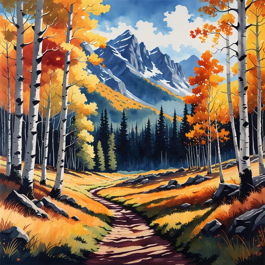 Autumn Aspen Trees Watercolor Landscape