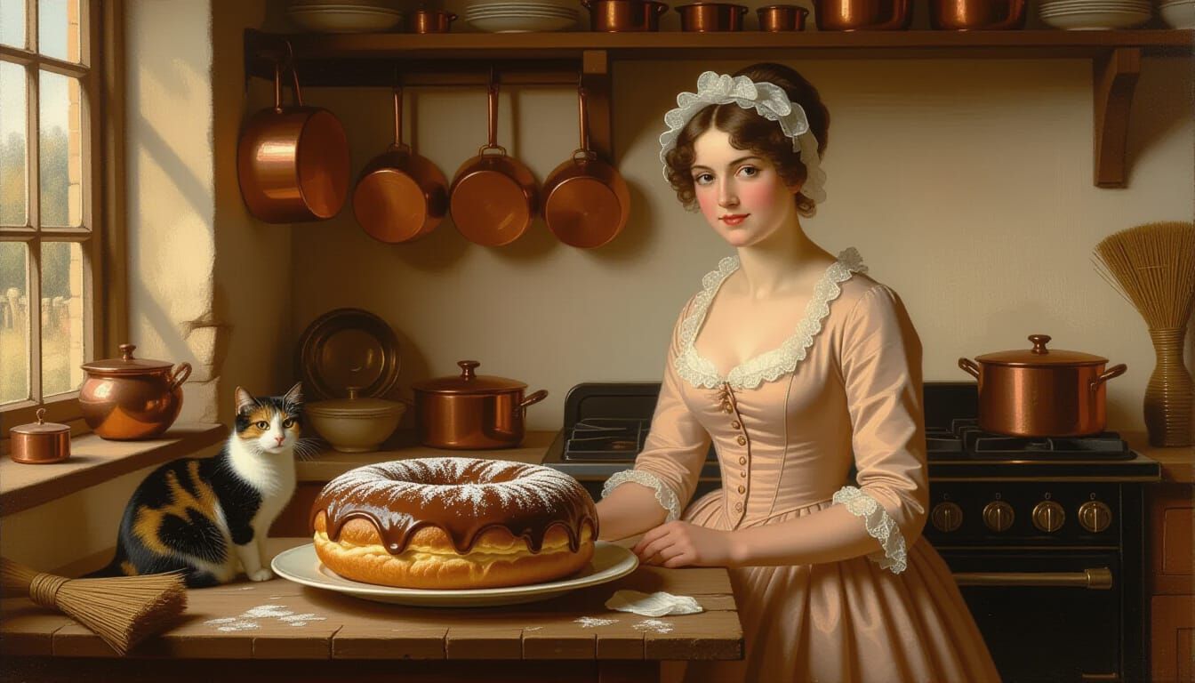 Georgian Era Kitchen Scene with Woman and Cat in Oil Paintin...