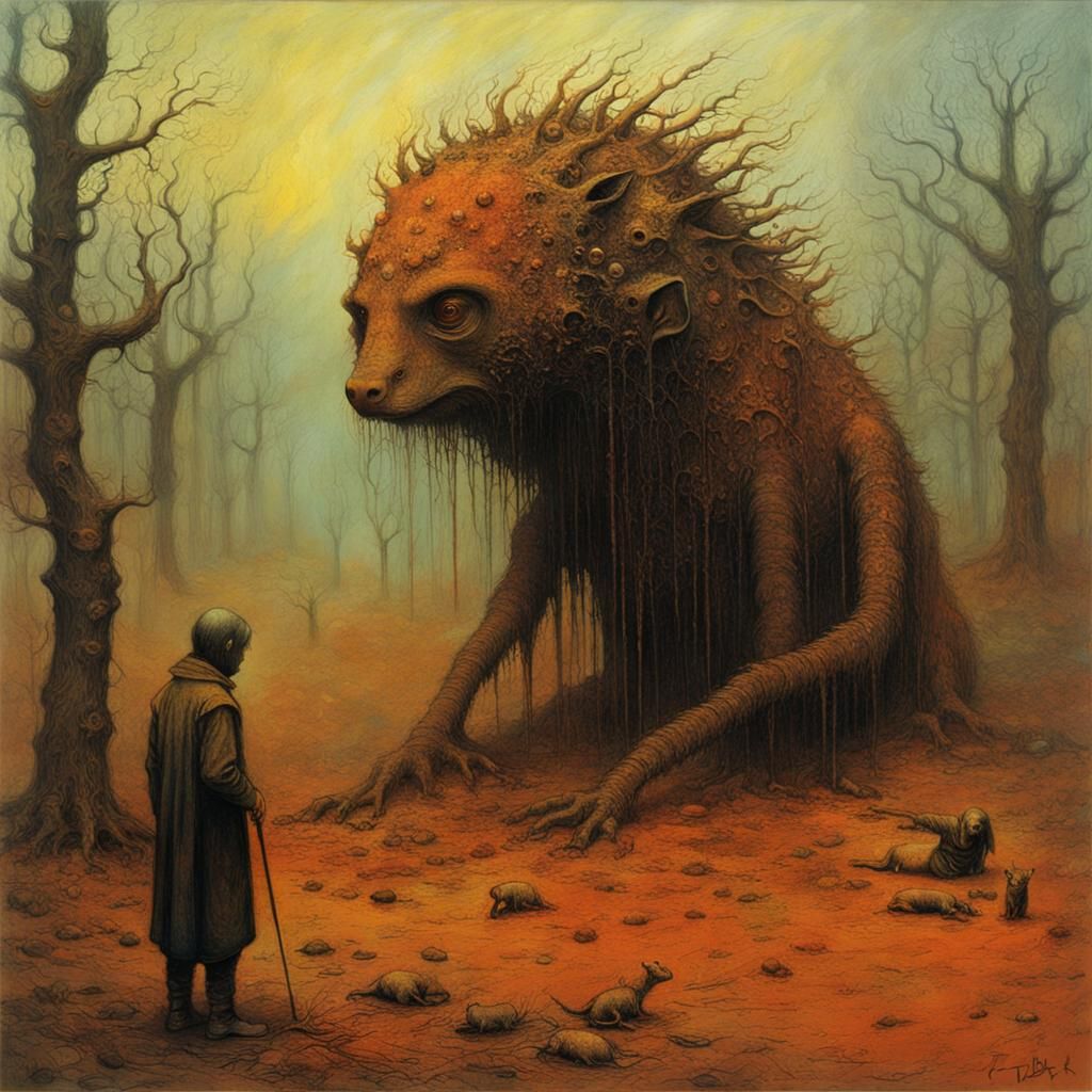 Surreal Scene of People and Animals in Beksinski Style