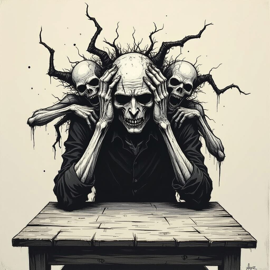 Man Tormented by Inner Demons in Chaotic Ink Style