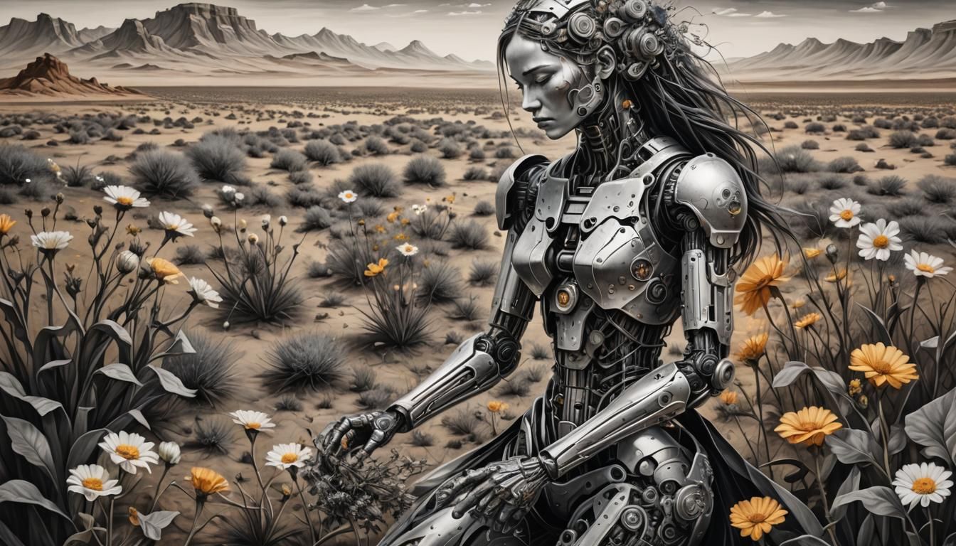 Cyborg Woman Picking Flowers: Impasto Charcoal Drawing