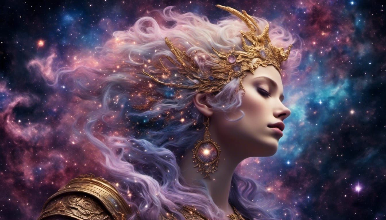 Goddess with Galaxy Hair in Cosmic Dreamscape