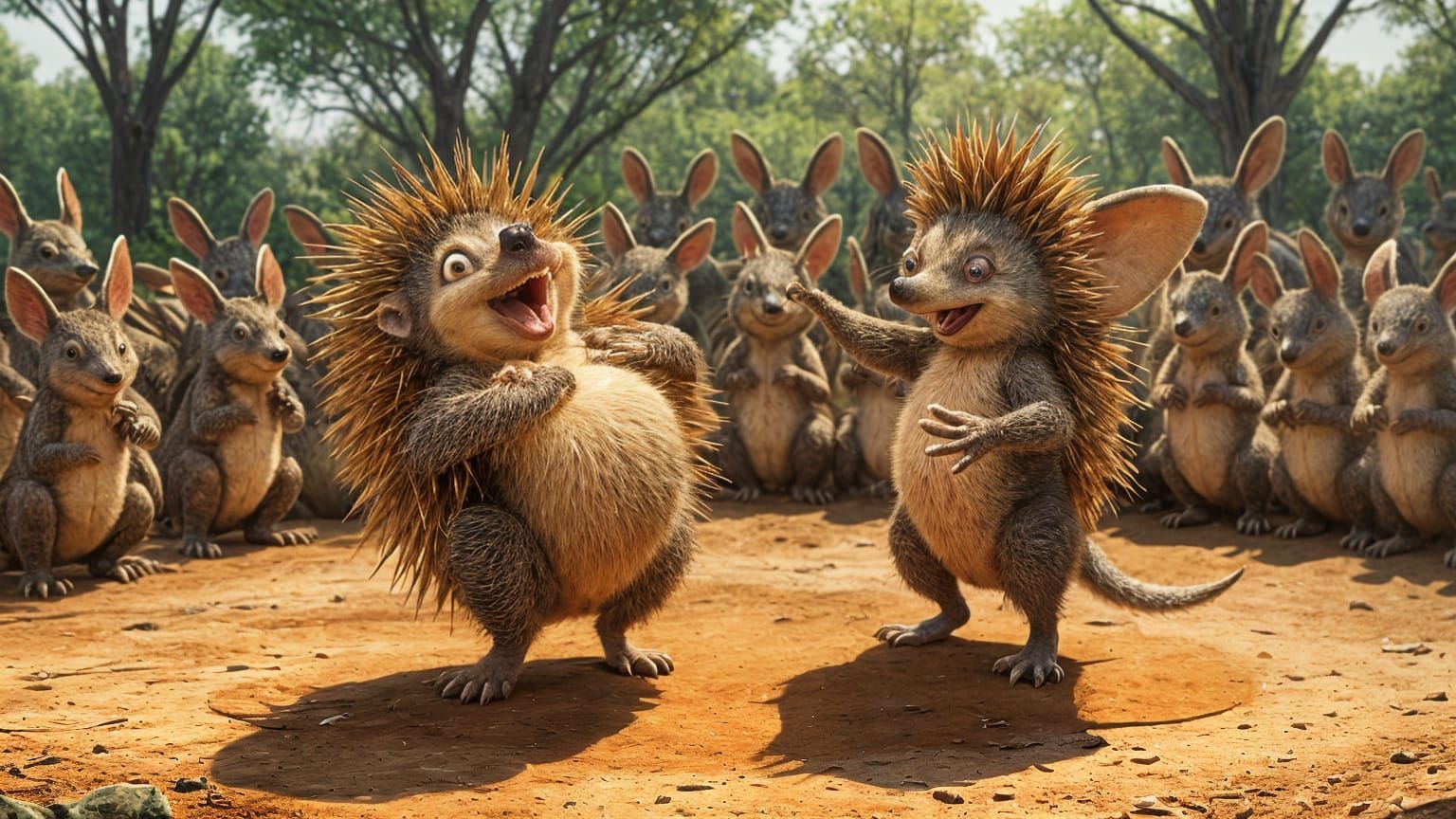 Echidnas Breakdancing with Wallabies in Cartoon Style