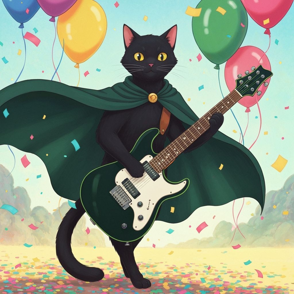 Black Cat Rockstar with Electric Guitar in Whimsical Style