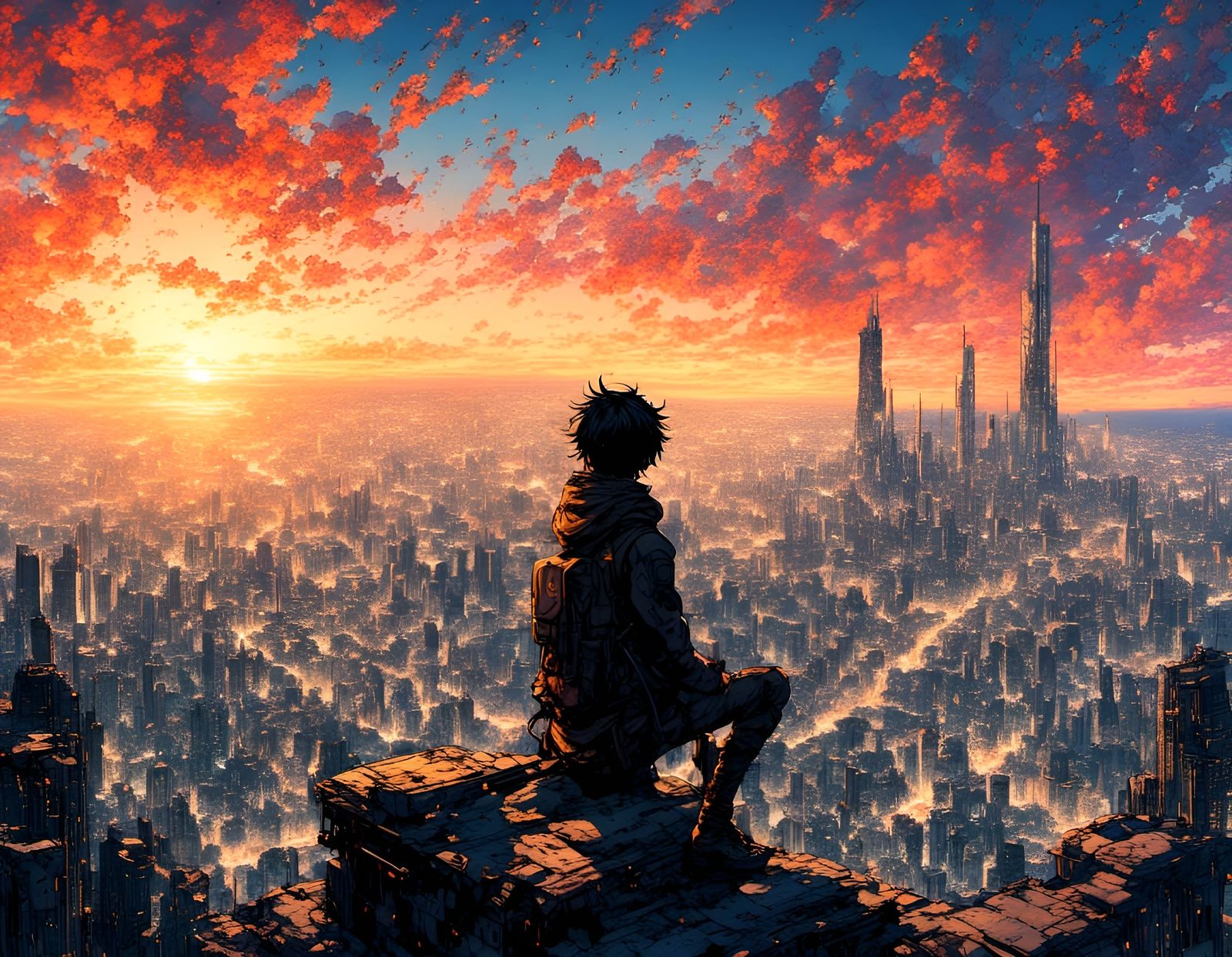 Anime Figure Sunrise Over Metropolis City