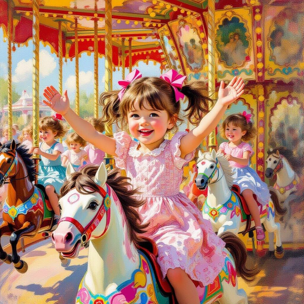 Joyful Girl on Carousel, Monet-Inspired Painting