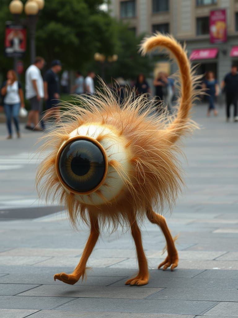 Giant Hairy Eyeball Aliens Walk Through City Plaza