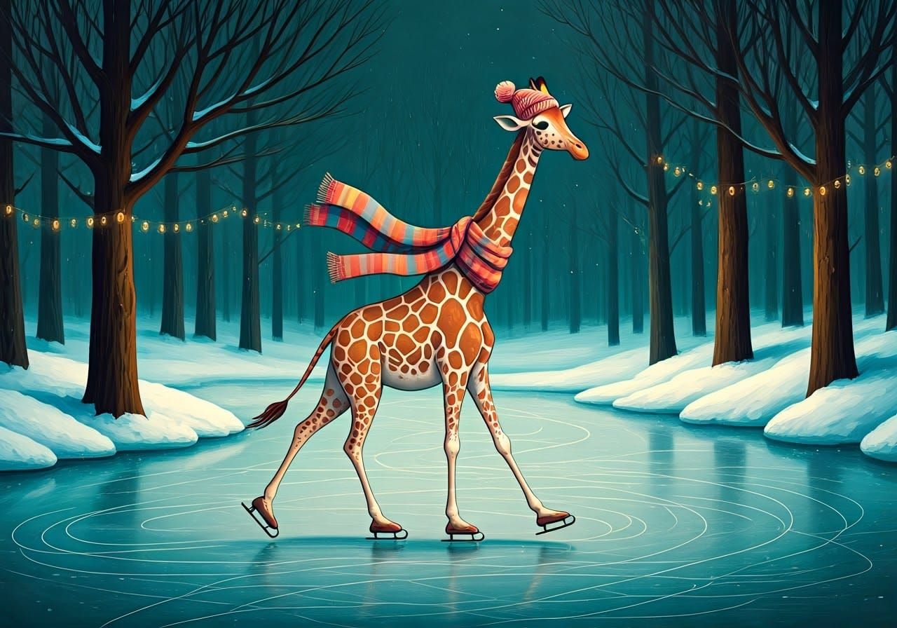 Giraffe Ice Skates in Whimsical Winter Wonderland