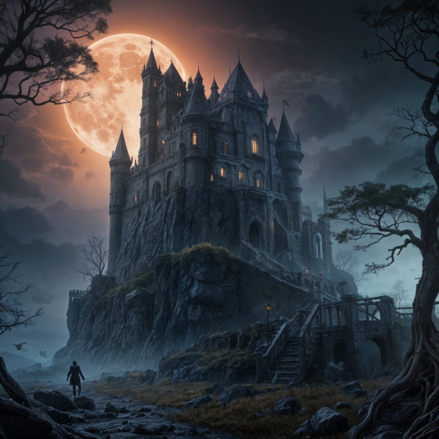 Midnight Eerie Castle Confrontation in Deep Color
