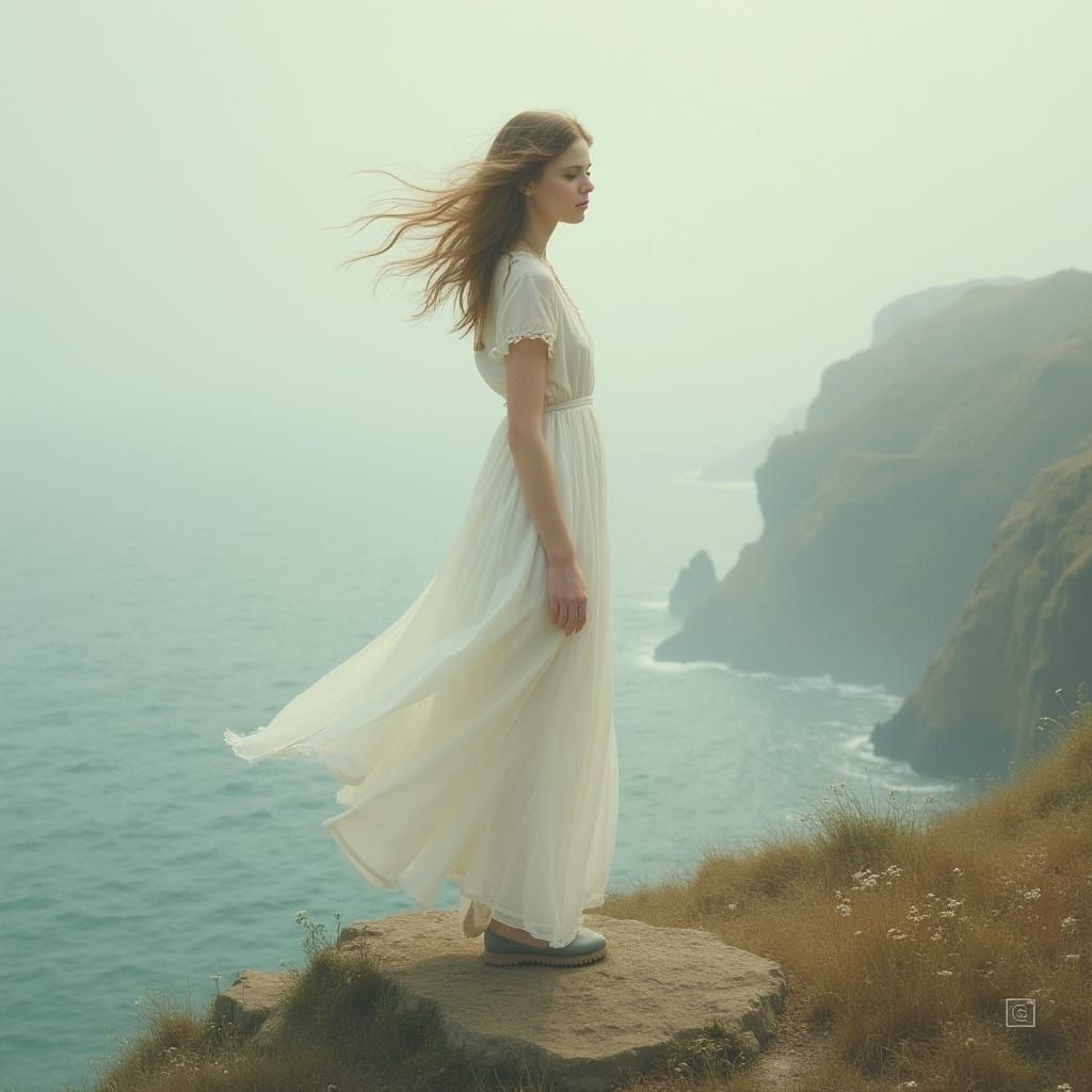 Ethereal Woman on Cliffside in Atmospheric Landscape