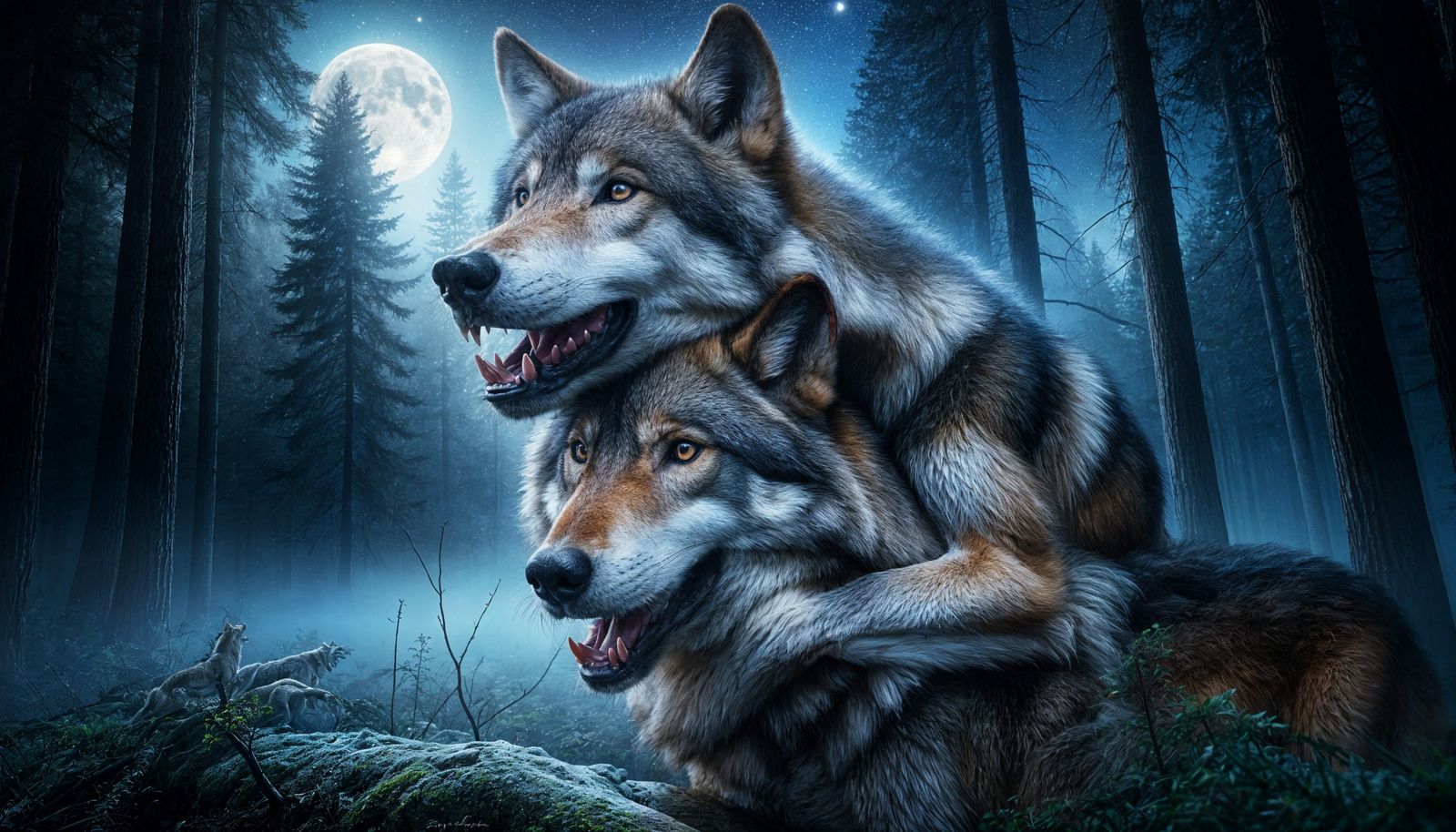 She-Wolf Protects Mate in Moonlit Forest Glade