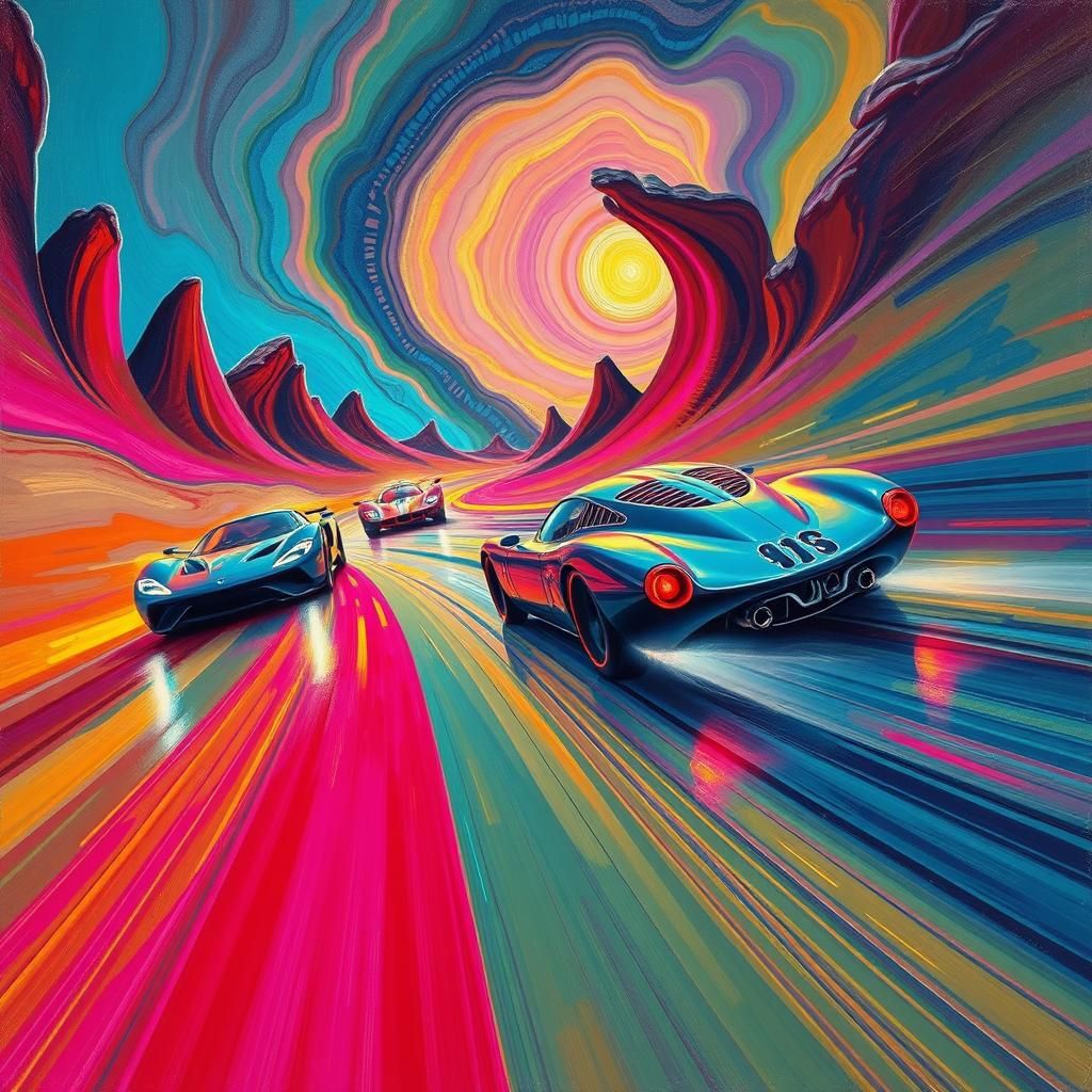 Surreal Car Race Through Melting Dimensions as Oil Painting