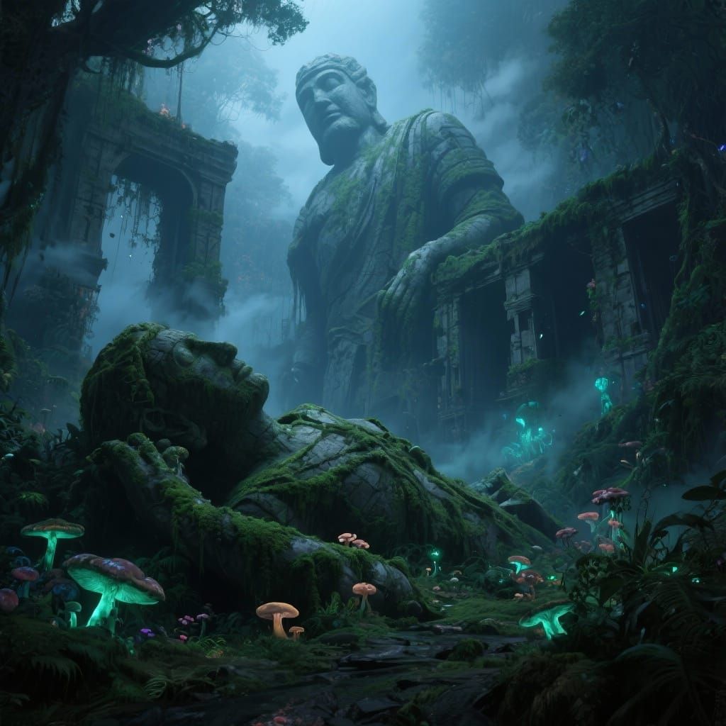 Lost Civilization Ruin in Bioluminescent Jungle