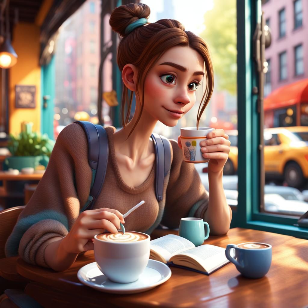 Girl Drinks Cappuccino in New York Café: 3D Anime Art