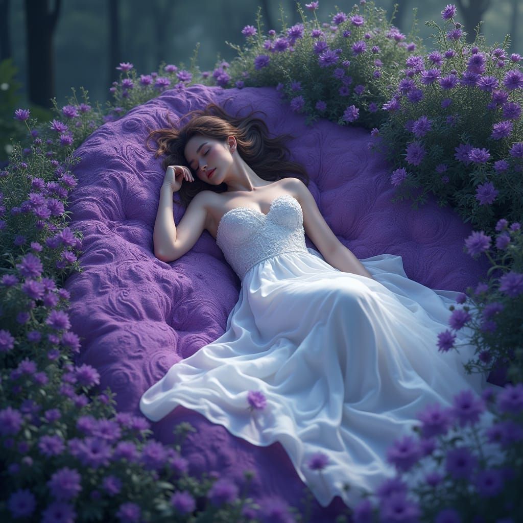 Woman Sleeping in Violet Flower Bed Matte Painting