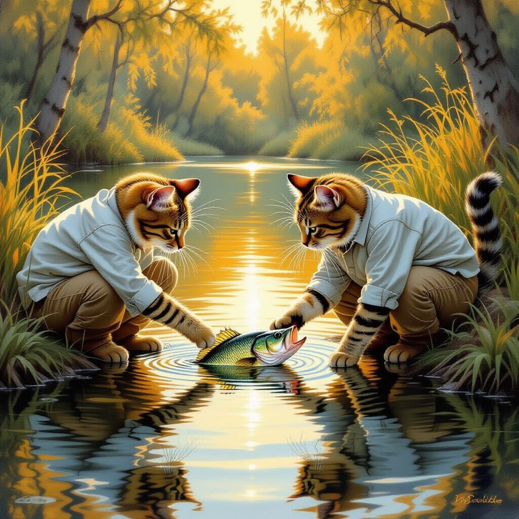 Cats Fishing in Pond, Wildlife Art Style