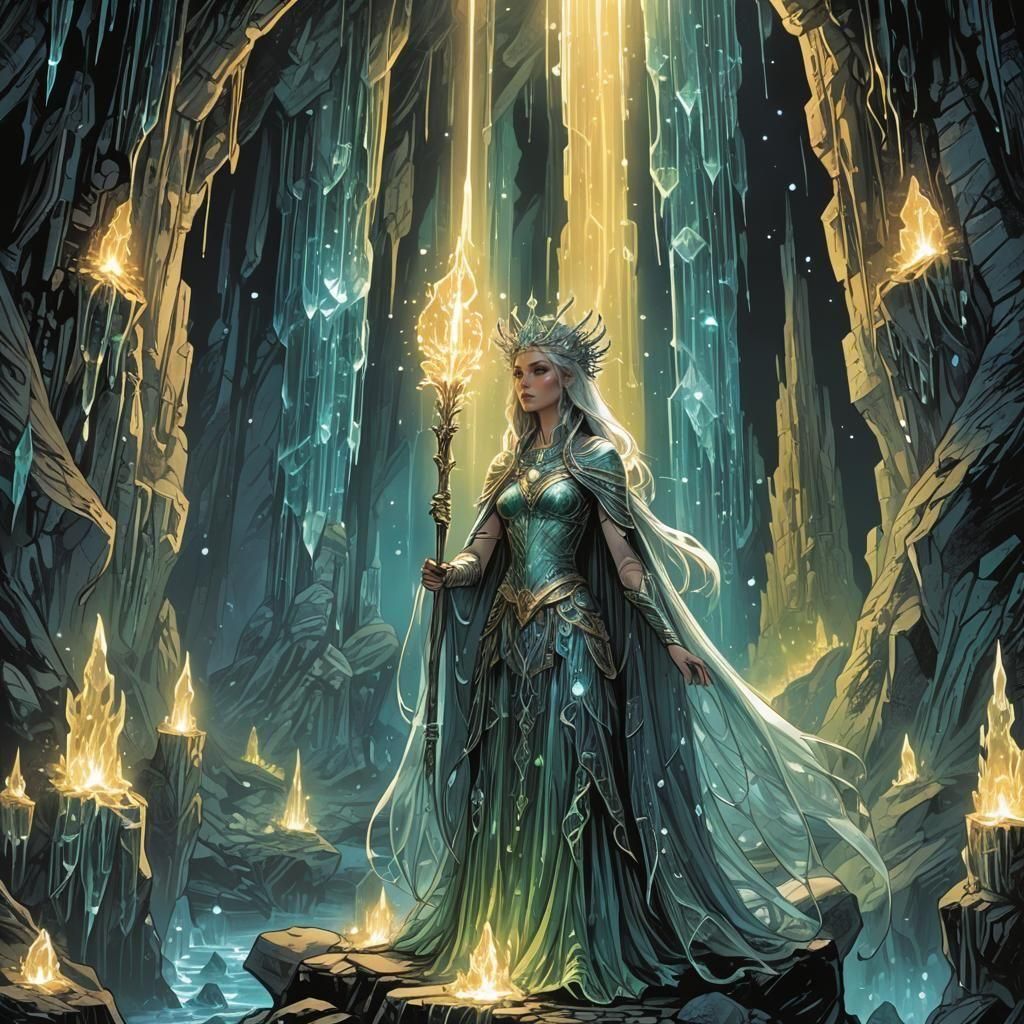 Iridescent Goddess in Crystalline Cavern