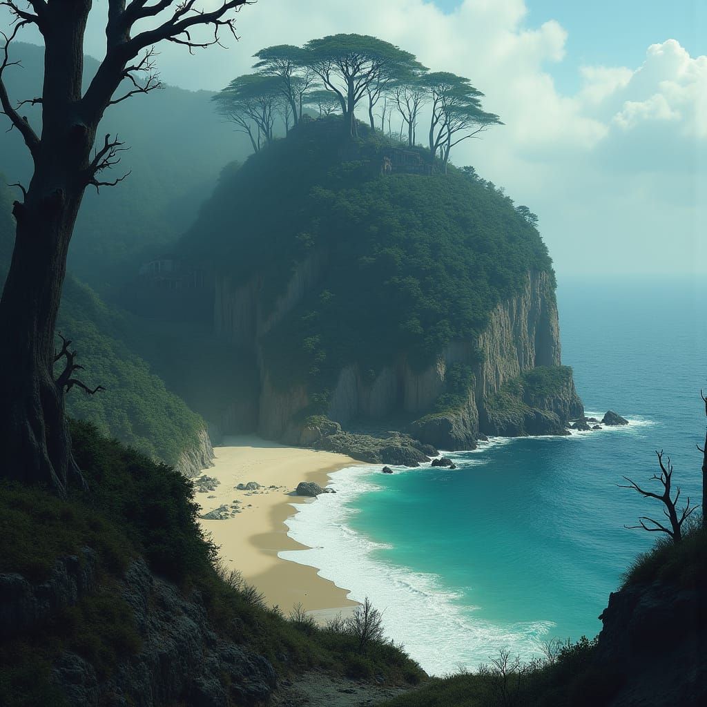 Eerie Island Military Base: Digital Art in Atmospheric Style