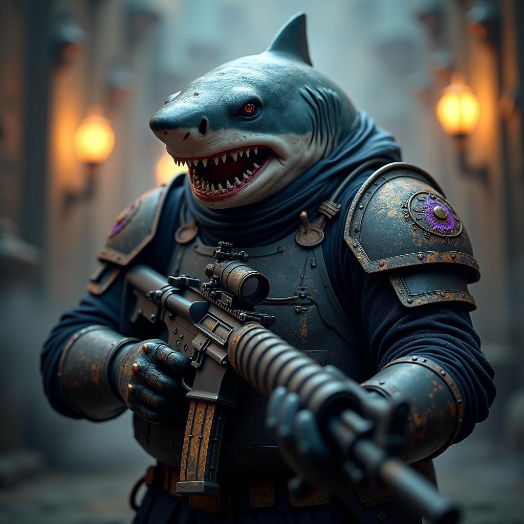 Armored Shark Warrior in Art Nouveau Style