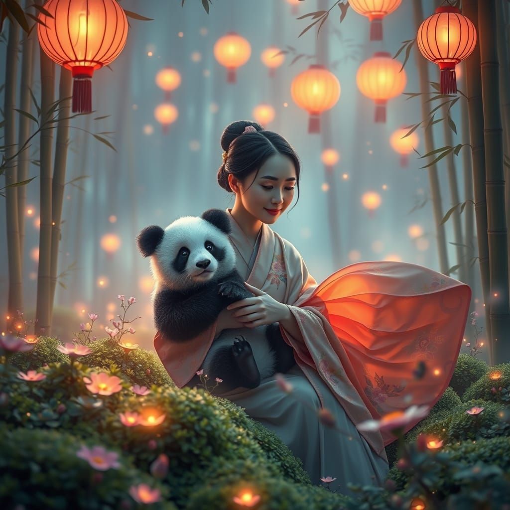 Bioluminescent Bamboo Forest with Mother and Cub