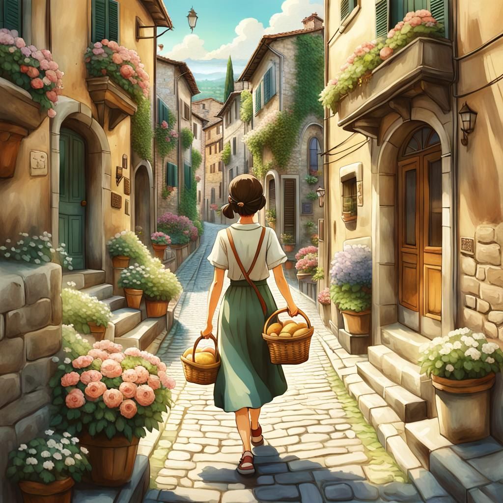 Charming Italian Street Scene in Anime Style