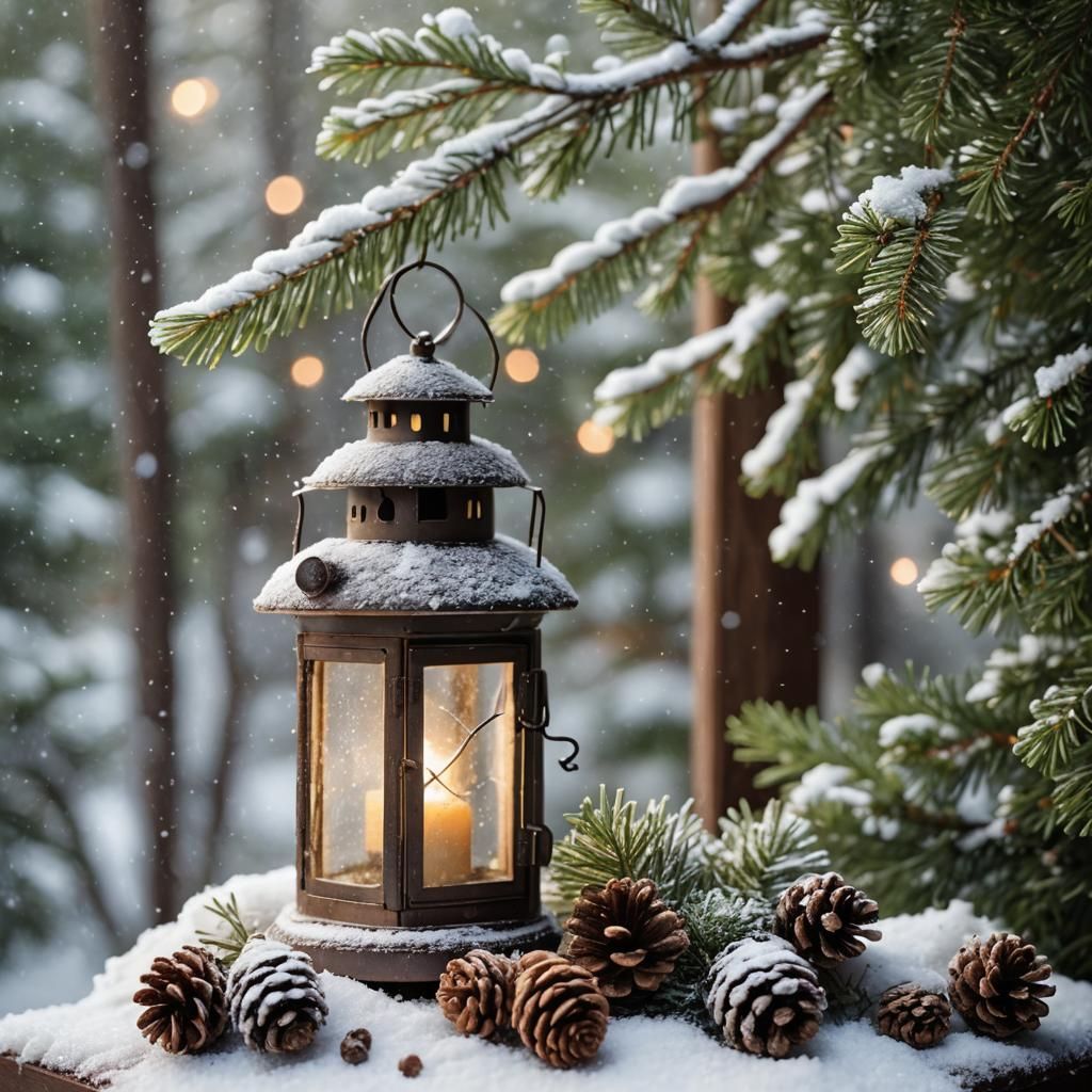 Cozy Winter Lantern in Rustic Macro Photography