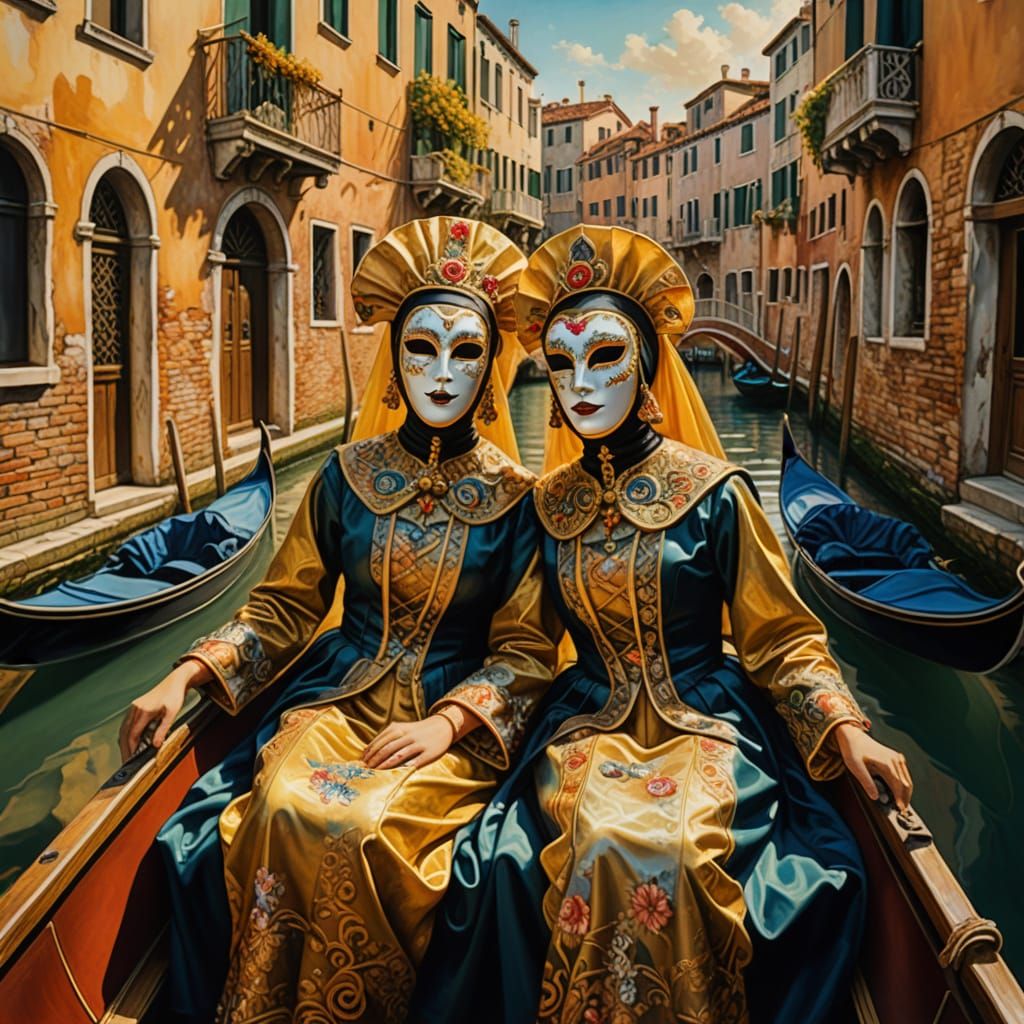Surreal Venice Canal Scene with Gondola and Masked Women