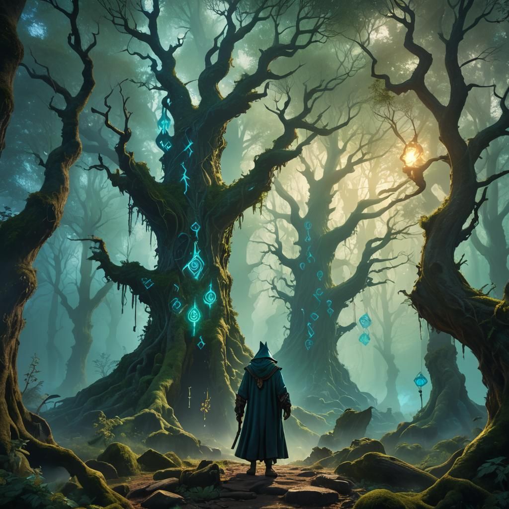 Mystical Wizard in Glowing Forest Concept Art