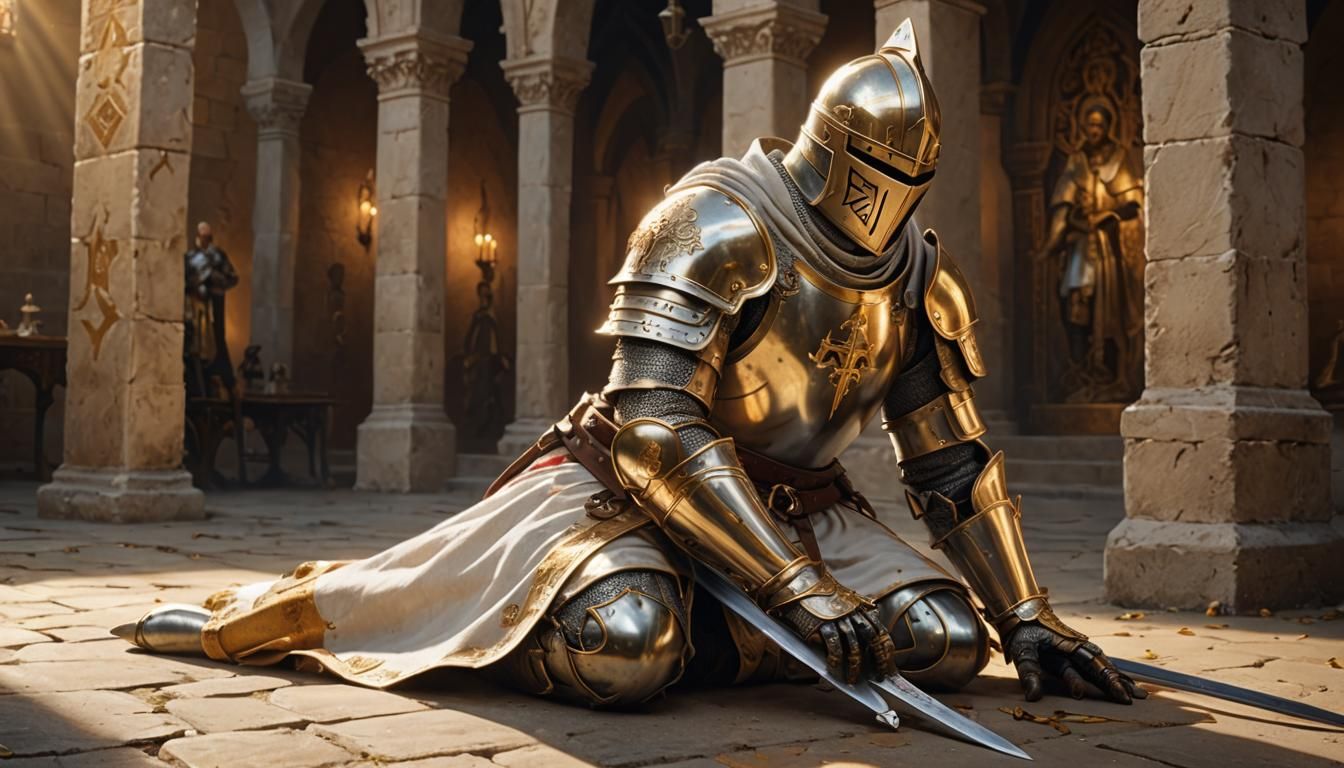 Templar Knight in Prayer: Hyper-Realistic Digital Art