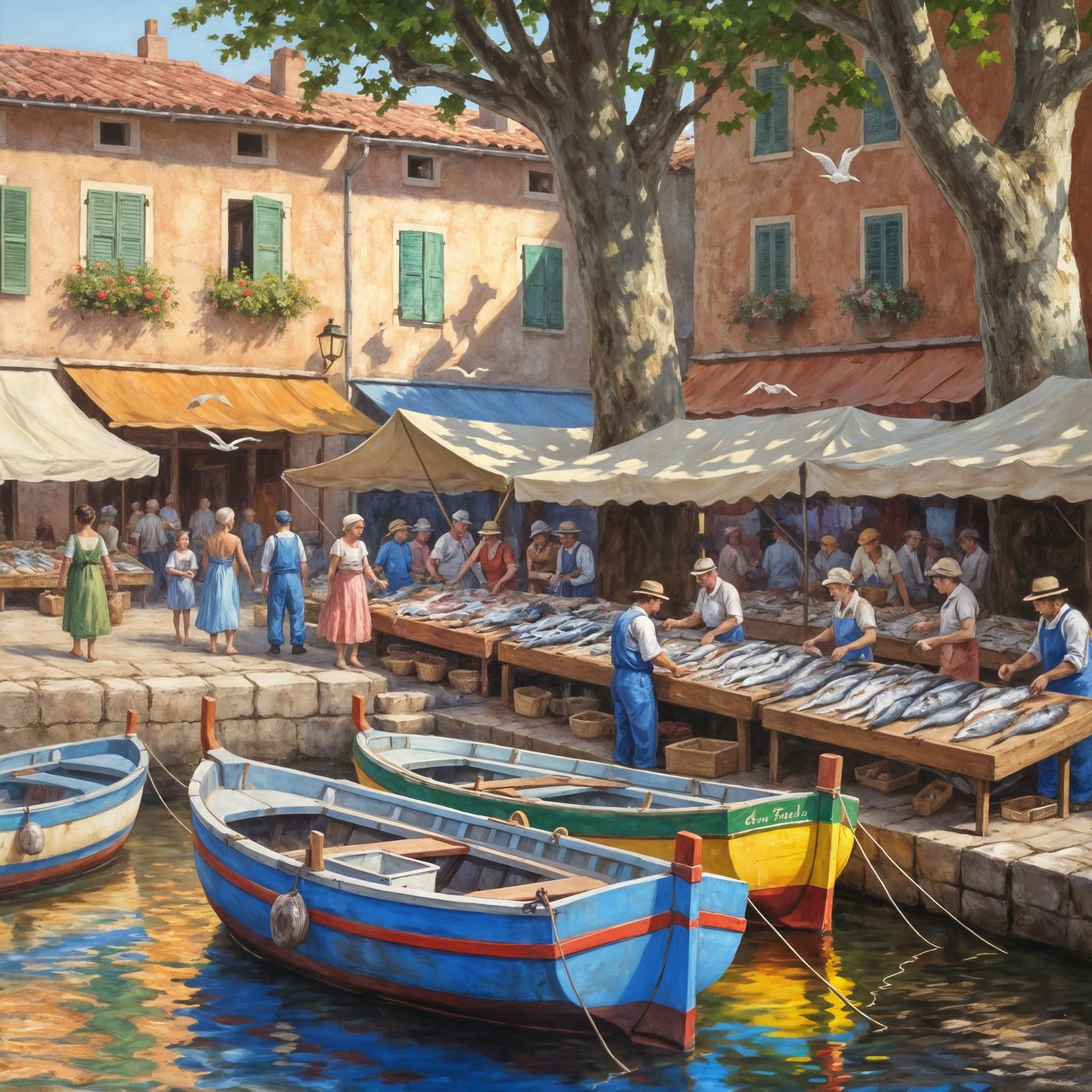 Bustling Provençal Harbor Market in Soft Pastel Style