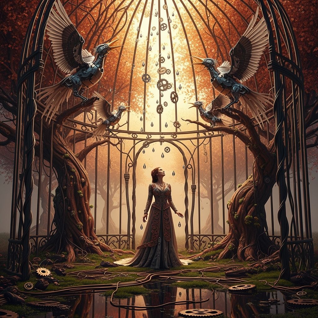 Mechanical Forest Birdcage with Copper Woman: Hyperrealism