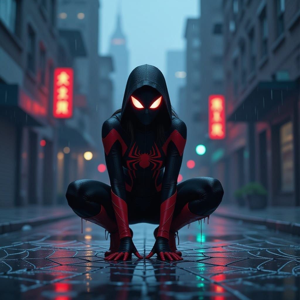 Spiderwoman in Dystopian Cyberpunk Cityscape