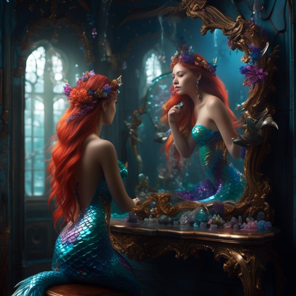 Mermaid Brushing Hair in a Mirror: Fantasy Concept Art