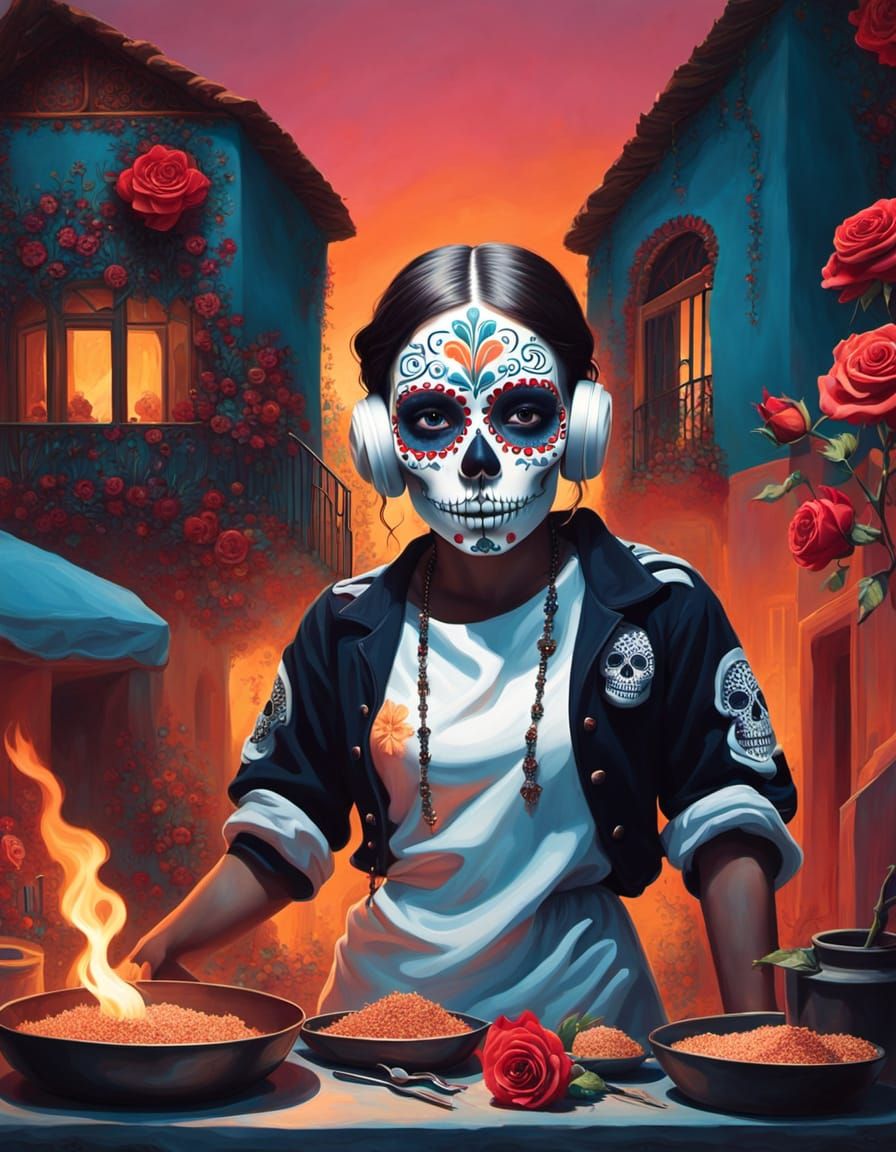 cinematic cartoon sugar skull girl chef street cooking