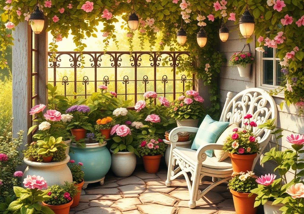 Charming Garden Seating Area in Storybook Illustration Style