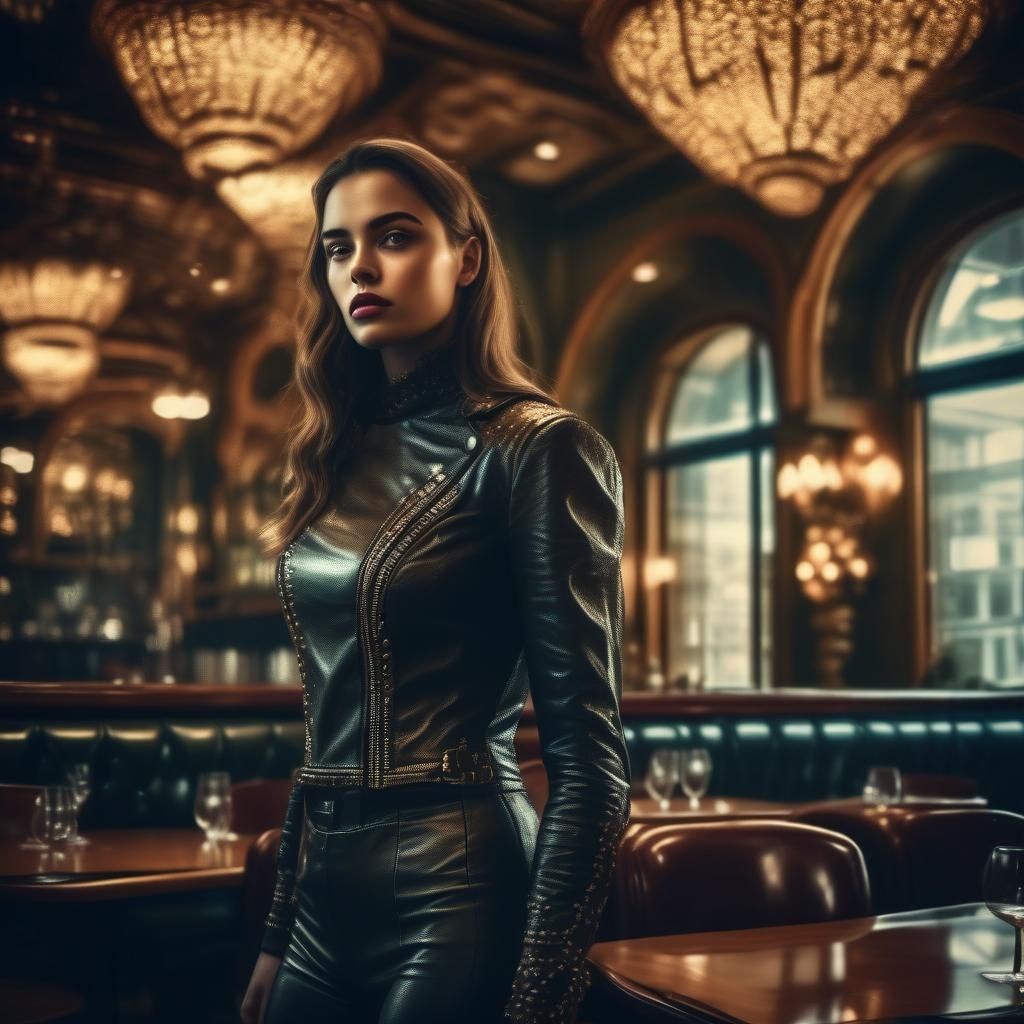 Attractive Woman in Leather Outfit at Restaurant
