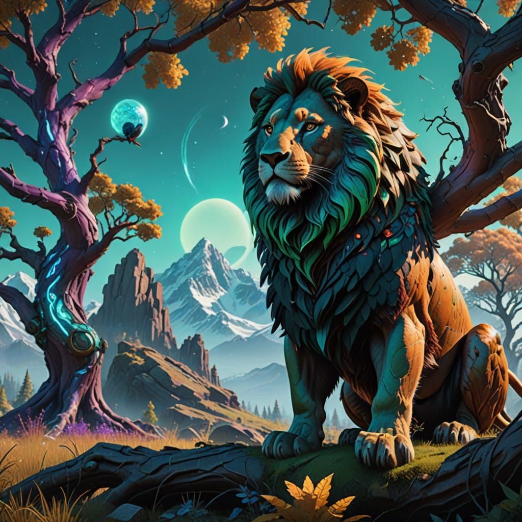 Majestic Lion-Parrot Hybrid in Vibrant, Swirling Vortex