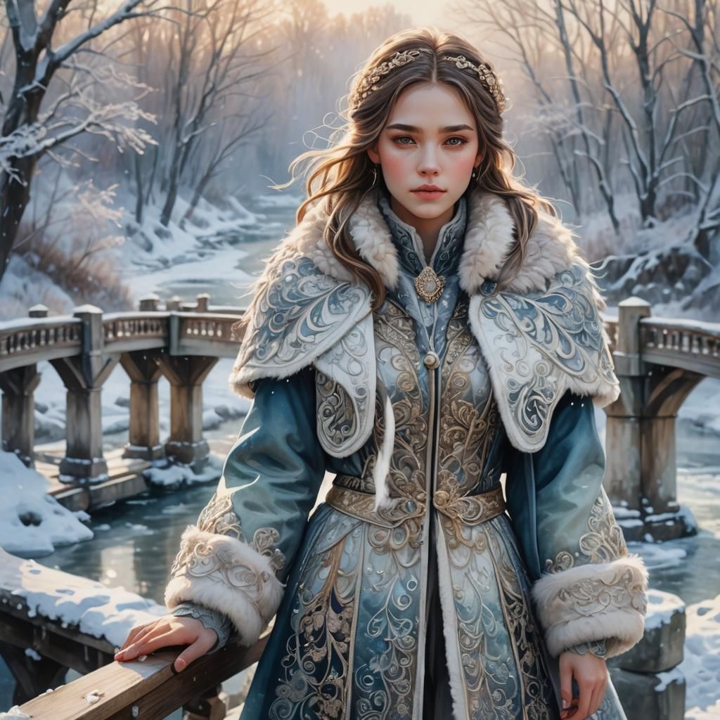 Girl in Winter Coat on Snowy Bridge