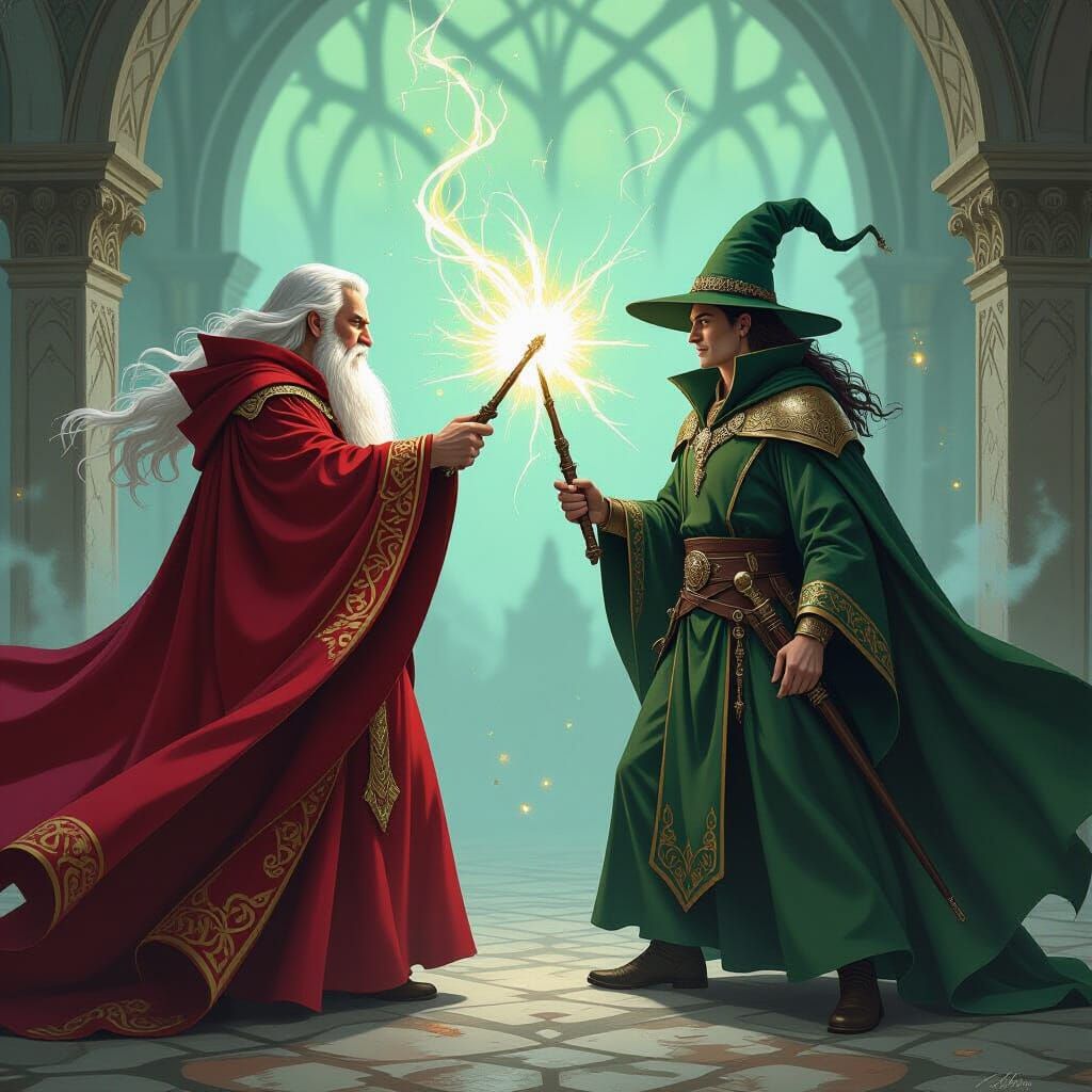 Epic Wizard Duel in Fantasy Art Style