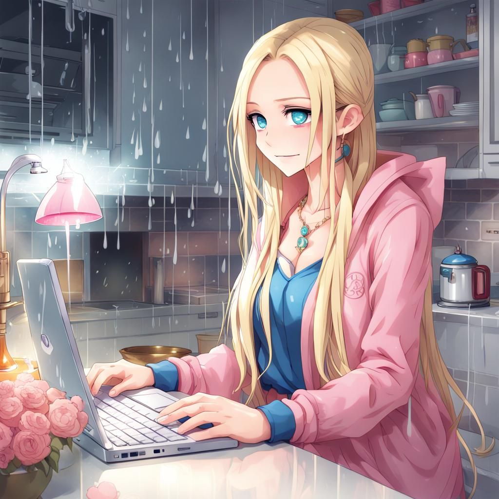 Girl at Kitchen Counter in Anime Style