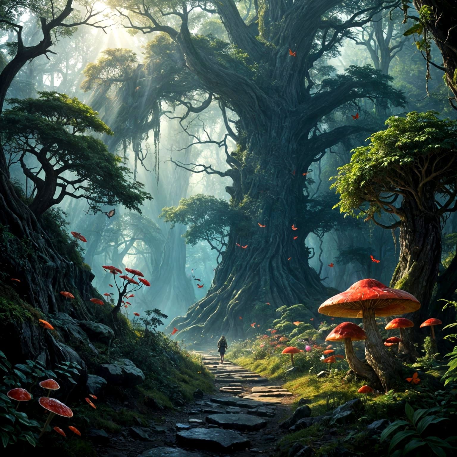 Epic Fantasy Realm with Giant Trees and Vibrant Flowers