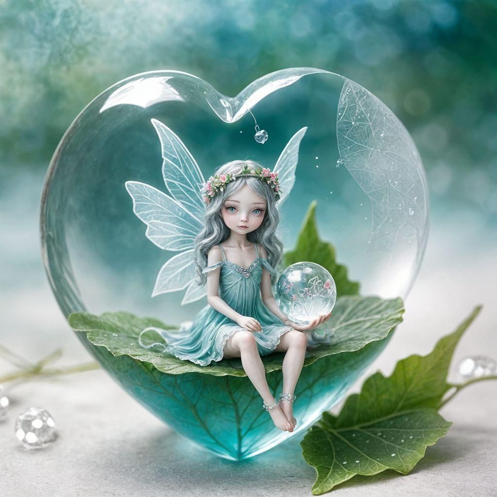 Fairy on Leaf with Crystal Ball in Surreal Watercolor