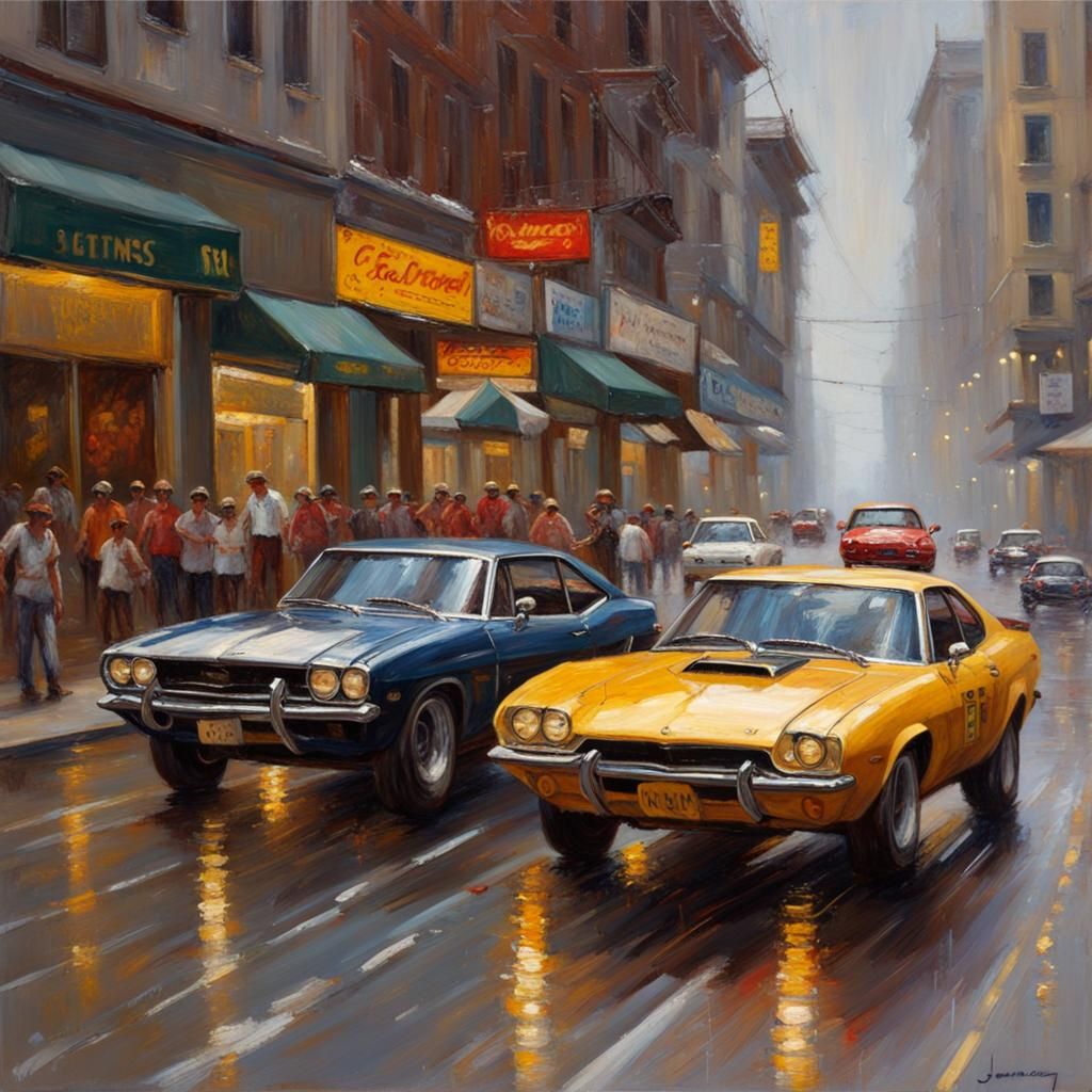 Fast Cars in Sweet Rain, Oil Painting