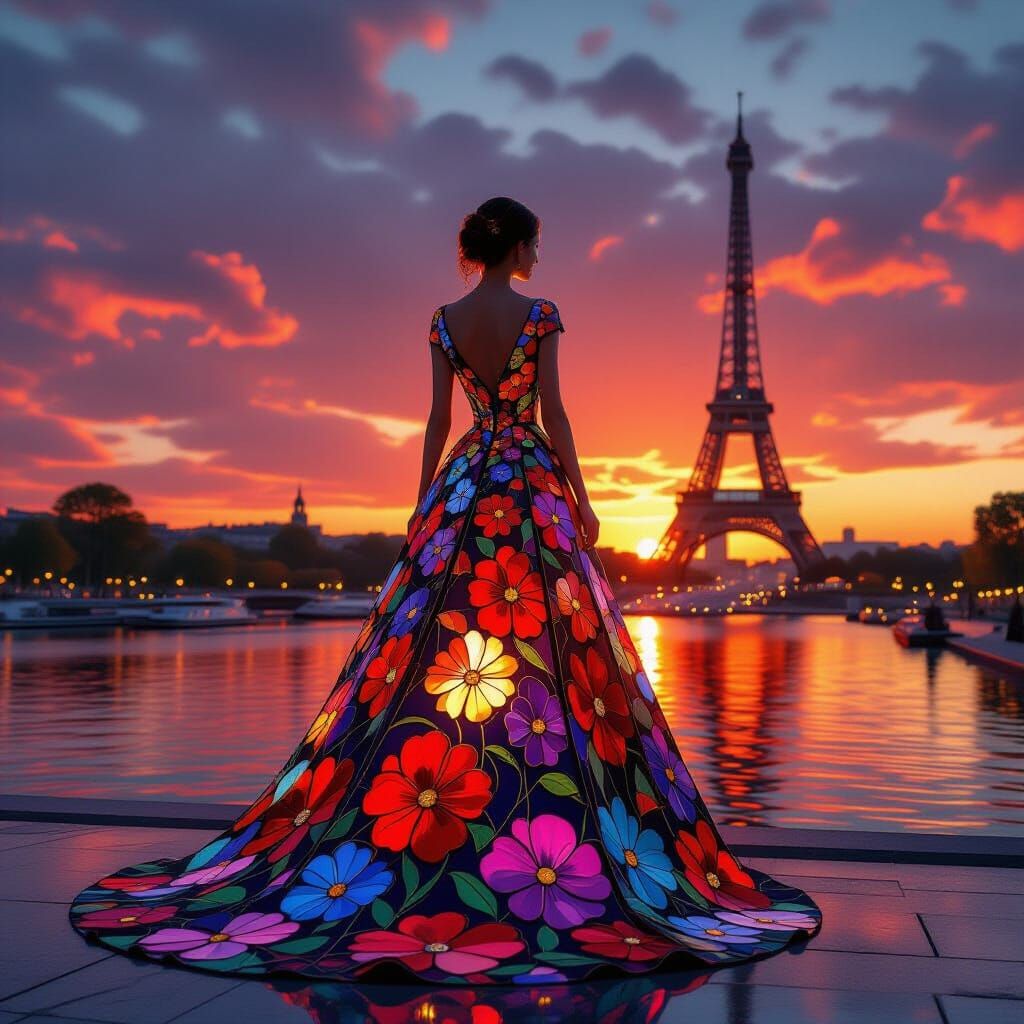 Woman in Stained Glass Gown by Eiffel Tower