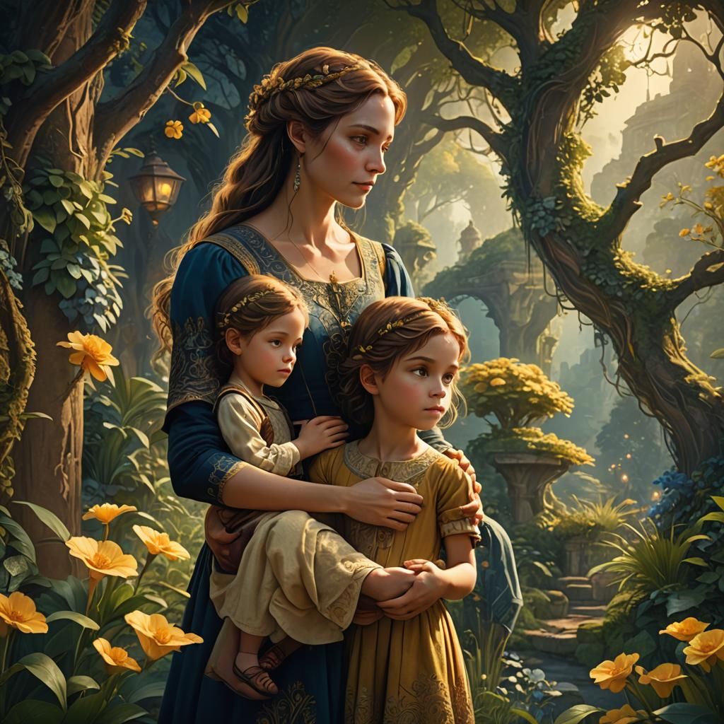 Mother and Children in Fantasy Landscape