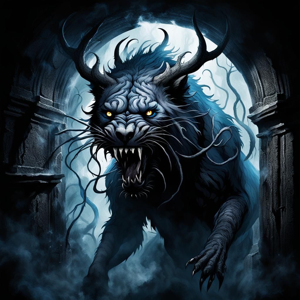 Black Animal Emerges from Void Portal: Dark Fantasy