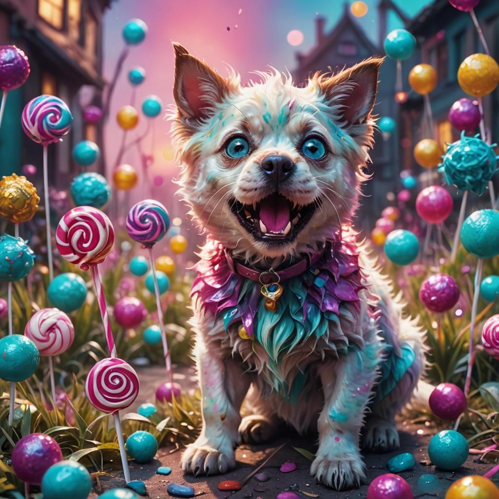 Cute Dog Cat Monster with Lollipop: Digital Art