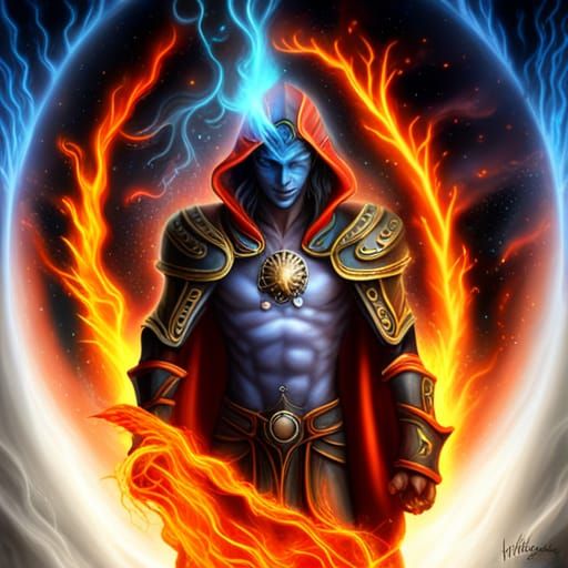 Warlock Channeling Lightning and Fire in Airbrush Art